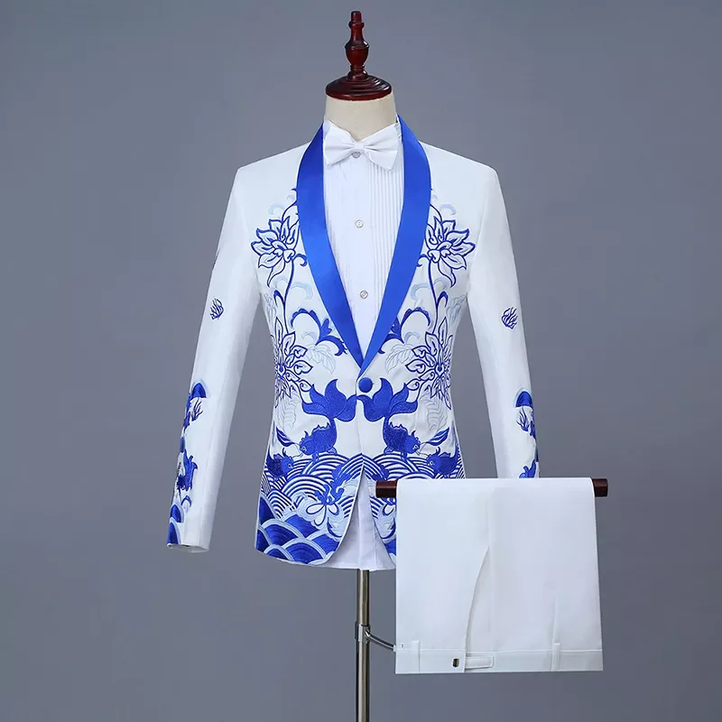 

NEW IN Suit Party Chinese Style Suits Groom Suit Costumes Single Breasted Two Piece Set Coat Pant Blue Red Black White Men Suits