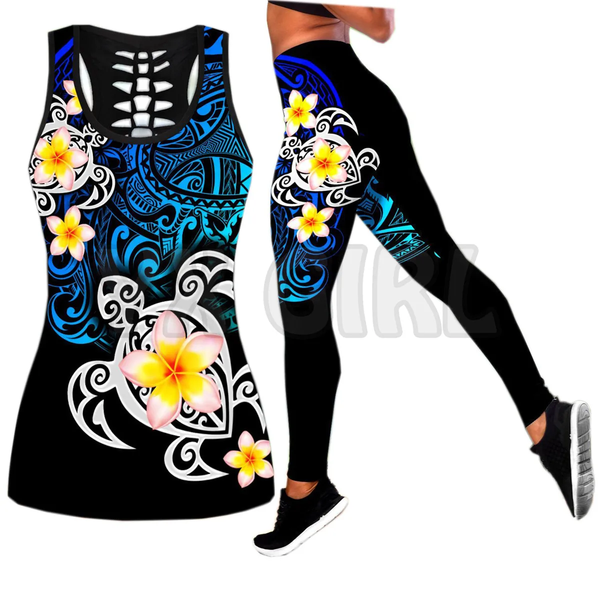 Spread Stores Turtle 3D Maori Style Tattoo Howllong Tanktop Lengging Printed Tank Top+Legging Combo Outfit Yoga Fitness Legging