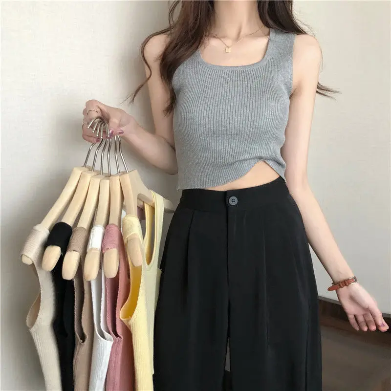 

Harajuku Knitting Cropped Tanks And Camis For Gilrs Aesthetic Clothing Women Pulovers Tube Black Ribbed Crop Top Female T-shirt