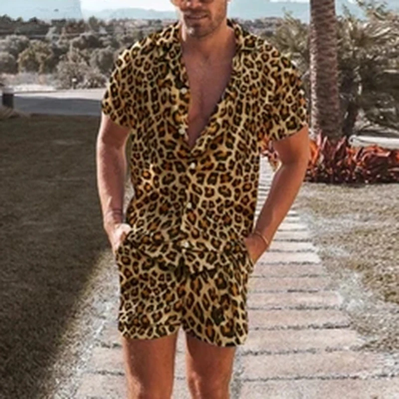 

Men's Shirt Set, Men's Fashion Shirt Set, Leopard Print, Short Sleeve Lapel Shirt, Hawaiian Beach Shorts, Men's Costumes 2 Piece