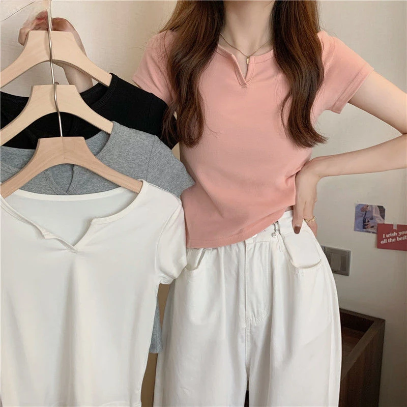 

Short Sleeve T-shirts Women Leisure Streetwear Trendy Summer Korean Style All-match Slim Solid Tshirts Females Tops Fashion Ins