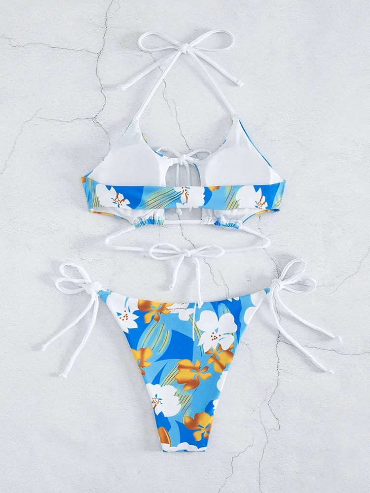 Купальник Miyouj с цветочным принтом женский бикини лямкой на шее бандажный