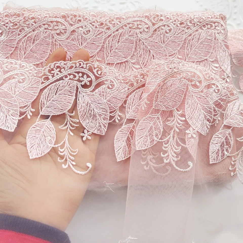 

Роскошная розовая сетчатая вышитая Тюлевая кружевная ткань шириной 16 см с листьями для бахромы, аналогичная искусственная кукла, нигерийск...