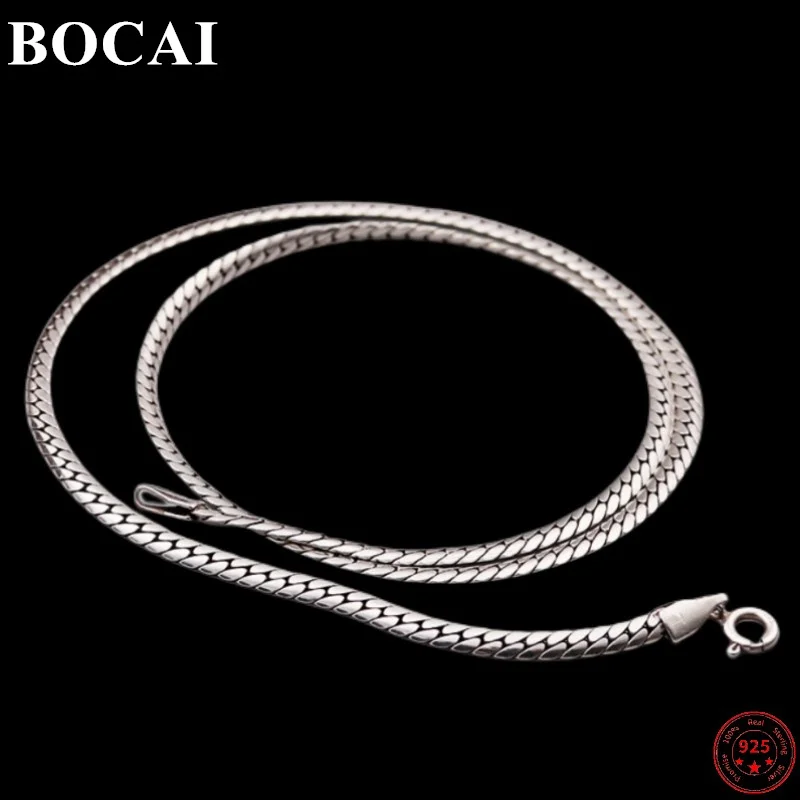 

BOCAI S925 Sterling Silver Necklace for Men Women New Fashion 3mm 3.5mm 4mm Flat Horsewhip-Chain Argentum Jewelry Free Shipping