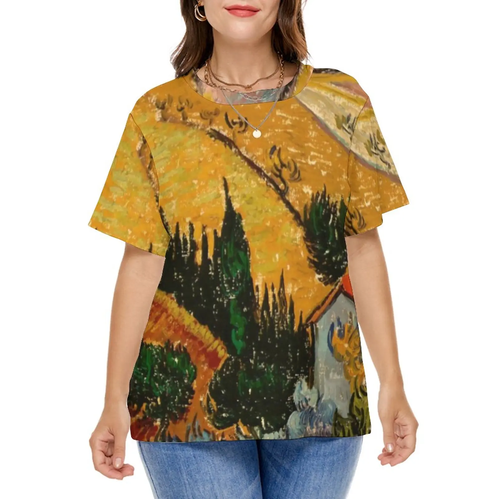 

Vincent Van Gogh T Shirt Landscape With House Cool T Shirts Short Sleeve Classic Tshirt Summer Print Top Tees Plus Size