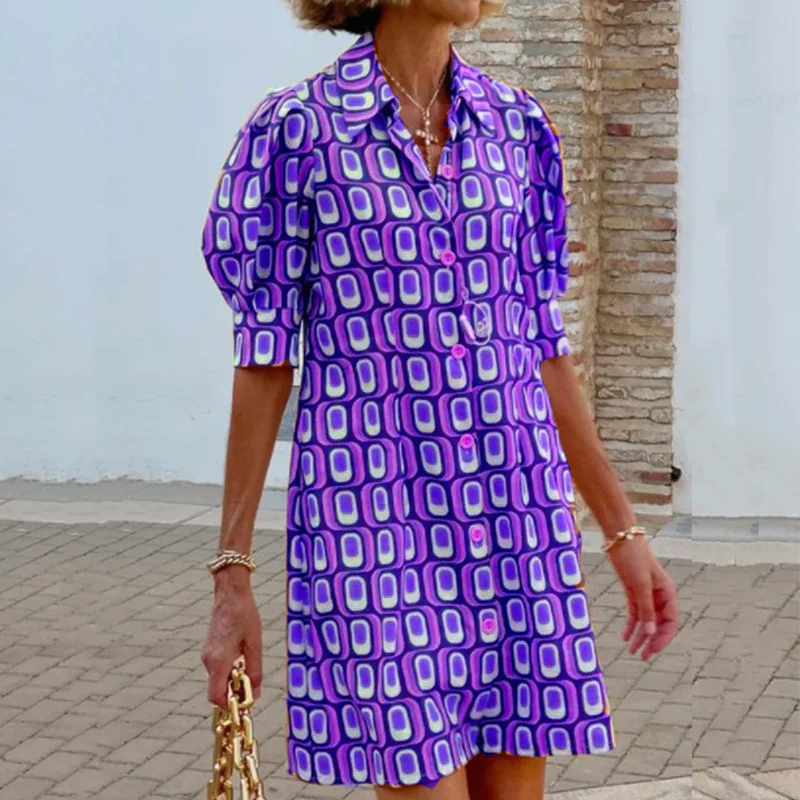 

Женское богемное однобортное платье-рубашка, повседневное свободное офисное платье с принтом и коротким рукавом, с отложным воротником