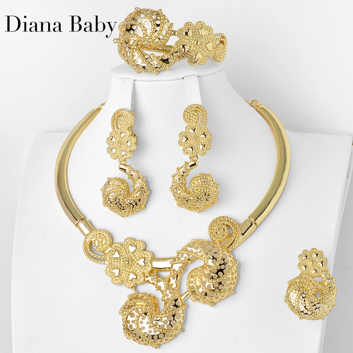 

Diana Baby Bridal Jewelry Set India Ethiopia Dubai Gold Plated Luxury Flower Necklace Bracelet Earrings Ring Romantic Wedding