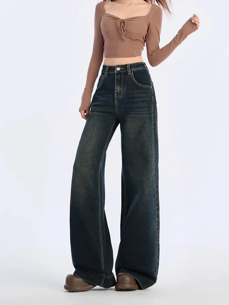 Idolera синие и серые широкие джинсы женские осень зима 2024 новые свободные брюки с