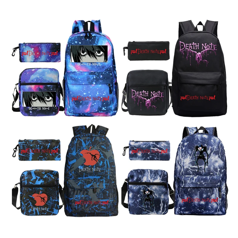 Рюкзак Death Note 3шт./набор Mochila для учеников Книжная сумка для мальчиков и девочек Сумка большой вместимости Кнопка для подростков Рюкзак для ноутбука для мужчин и женщин.