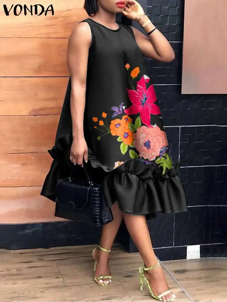 Women Elegant Midi Dress Summer Party Long Dresses 2022 VONDA Sexy Sleeveless Fashion Beach Floral Print Ruffled Tank Vestidos