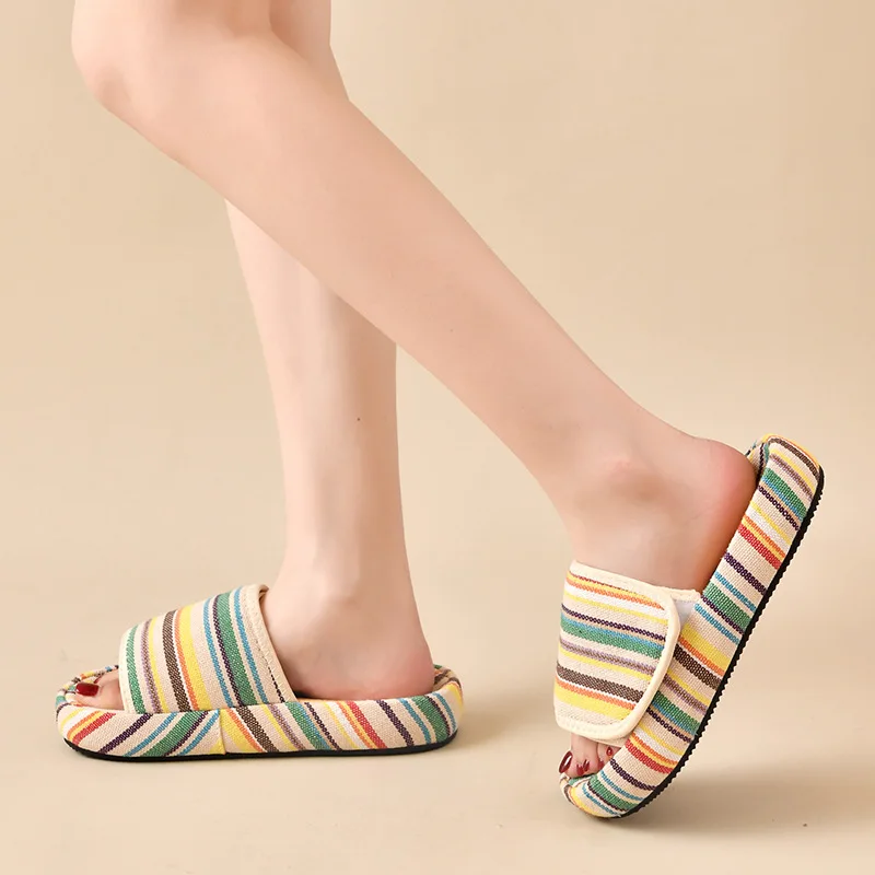 

2023 Summer Women's Slippers Outside Thick Bottom Non-slip Slippers Design Color Striped Canvas Slides Breathable Home Slippers