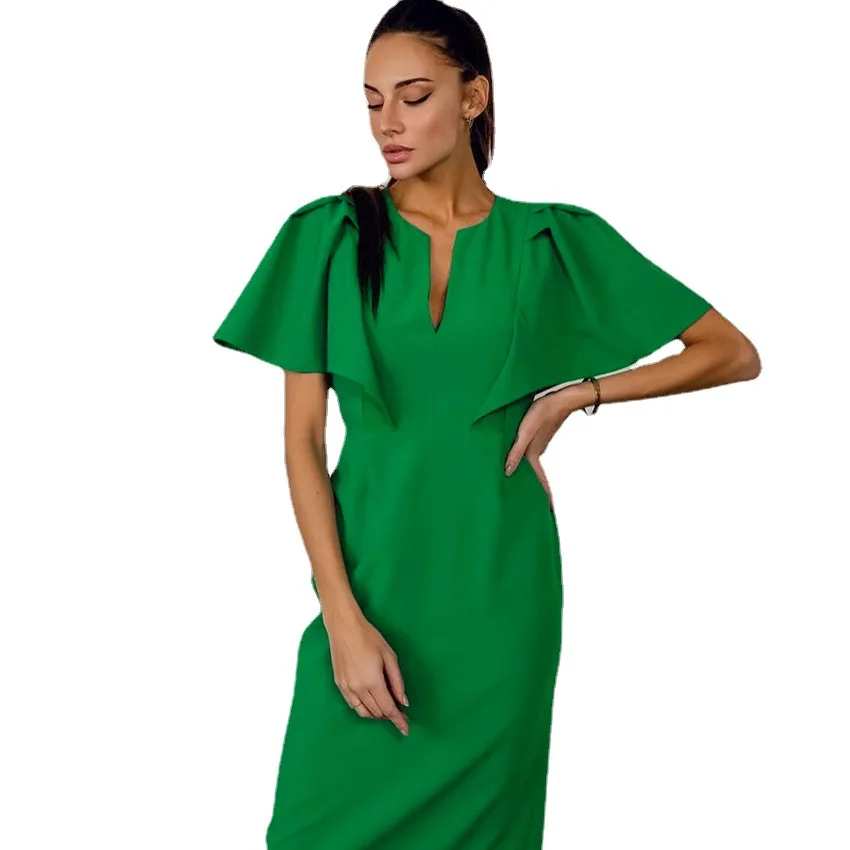 

2023 New Solid V-neck Flare Sleeve Dress Summer Commuter Slim Fit Womens Dresses