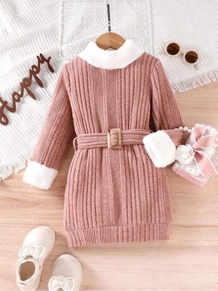 

2023 New 4-7Y Toddlers Baby Girls Knit Ribbed Dress Street Style Fluffy Neck Kid Clothes Fashion Princess Chirld Sweater Dresses