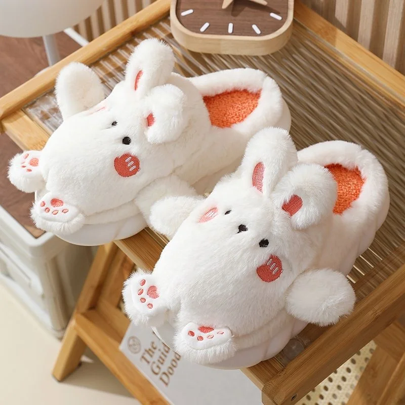 2022 Winter Newin Cartoon Rabbit Cotton Slippers Thick Bottom Home Indoor Couple Woolen Slippers Moon Shoes Female Non-slip Warm