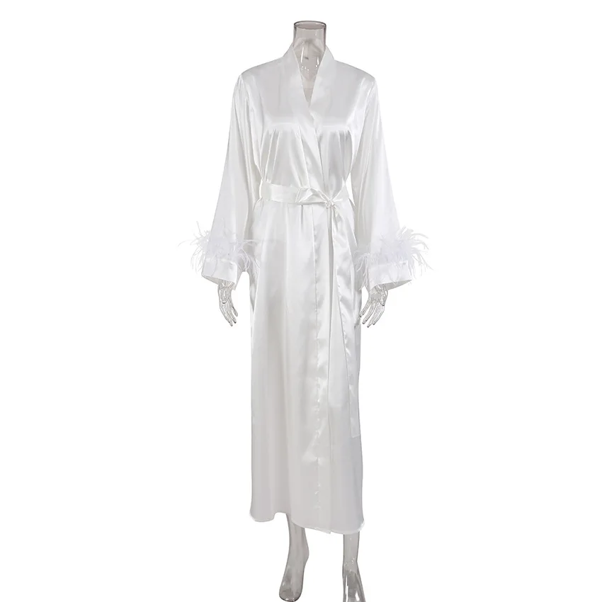 Retro French Style Satin Robes for Women Night Gown Sleepwear Ong-sleeved Feather White Satin Bow Pajamas Fashion Woman Robe Pjs