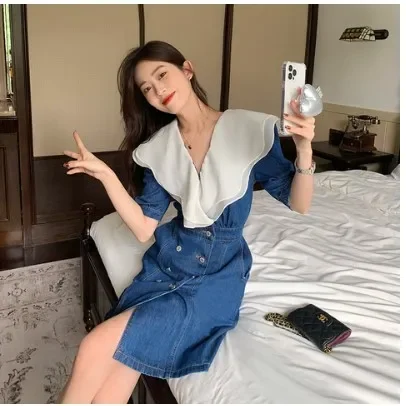 Французское стильное нишевое лоскутное двухрядное джинсовое платье на