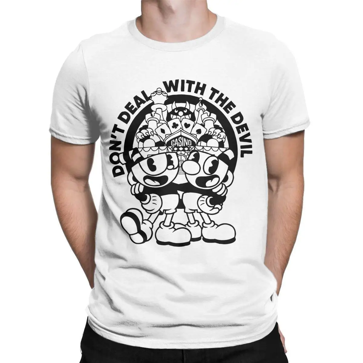 Men Cuphead Mugman Retro Games T Shirt Anime 100% Cotton Clothing Crazy Short Sleeve Round Neck Tees Party T-Shirt