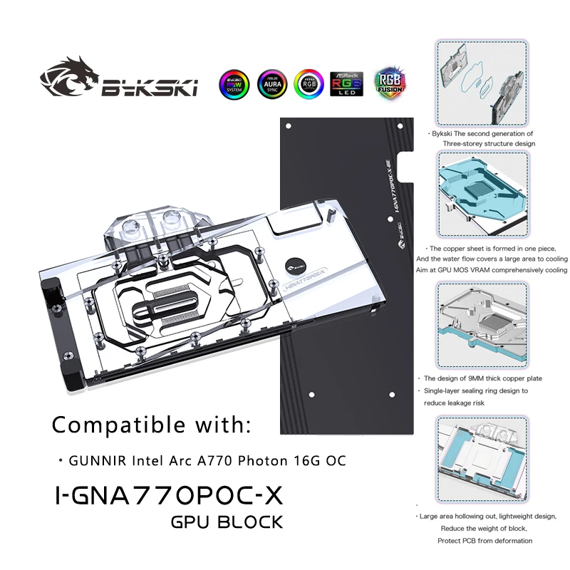 

Блок графического процессора Bykski для GUNNIR Intel Arc A770 Photon 16G OC, полное покрытие с задней пластиной, охладитель жидкости для видеокарты,I-GNA770POC-X