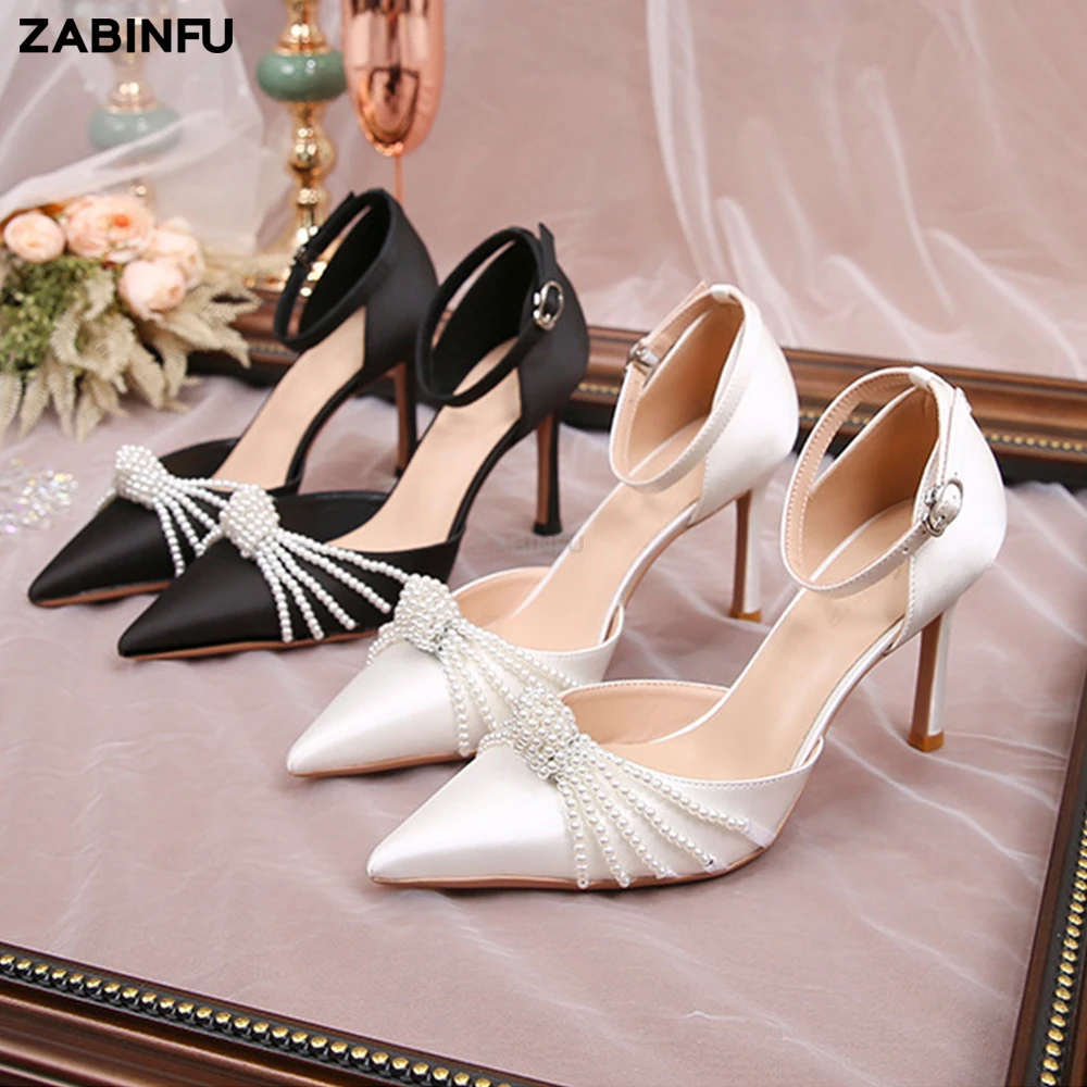 Pearl Chain Luxury Women Heels 2023 New In Pointed Toe Stiletto Ankle Buckle Heeled Sandals Sexy Satin White Wedding Shoes Bride