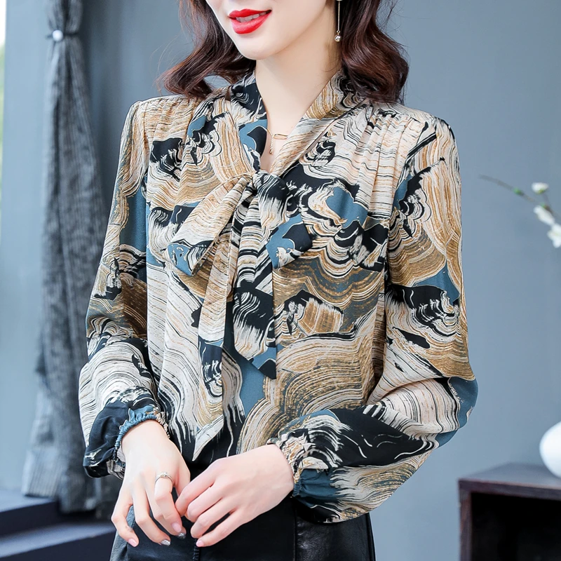 

Шифоновая женская блузка с принтом и V-образным вырезом, повседневный Топ с длинным рукавом, летняя модная женская одежда