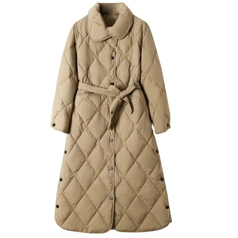 Fashion Autumn and Winter 2022 New Long Section Plaid Casual Thick Down Jacket Women's Long-sleeved Jacket Lapel Single-breasted