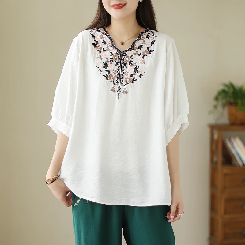 

Cotton Linen Chinese Style Blouses Embroidery Women's Shirt New Clothing Loose Summer 2023 V-neck FASHION Tops YCMYUNYAN
