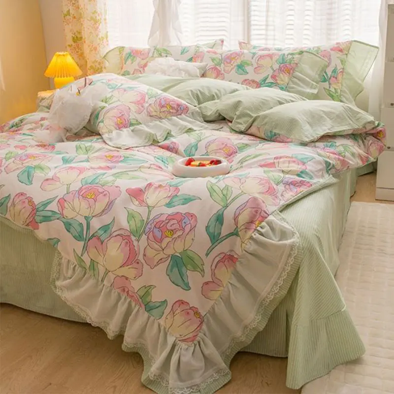 

Комплект постельного белья из 100% хлопка, полная стандартная простыня, кружевной комплект постельного белья принцессы в клетку и в полоску в стиле "Лолита", пододеяльник в скандинавском стиле