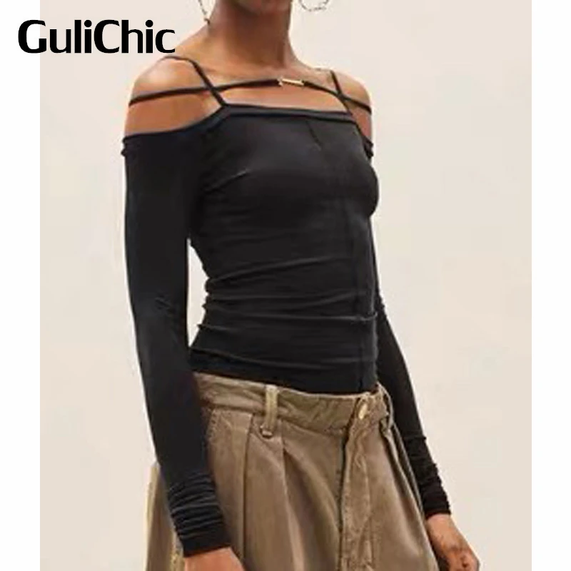 

7.11 GuliChic Women Temperament Off Shoulder Spaghetti Strap Cotton Tee Solid Color Casual Slim T-Shirt