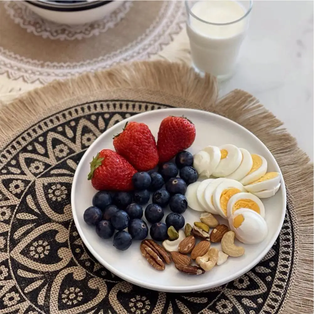 

4pcs 38CM Jute Simple Tableware Mat Delicate Embroidery Home Round Woven Mat Restaurant Retro Decorative Coffee Cup Placemat