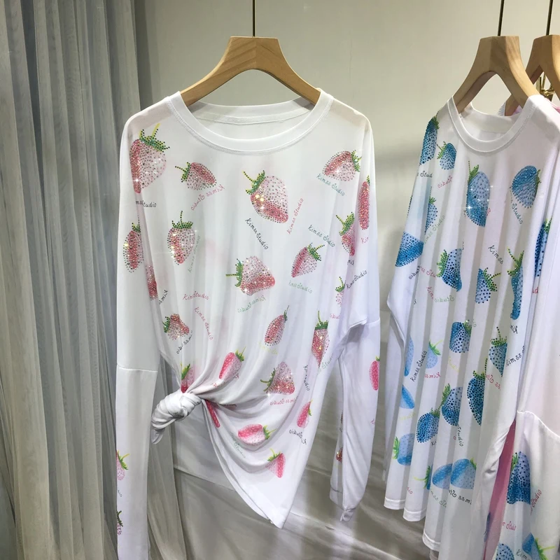 

European Goods Heavy Embroidery Hot Drilling T-shirt Sun Protection Shirt Ice Silk Loose Round Neck 2022 Summer Long Sleeve Top