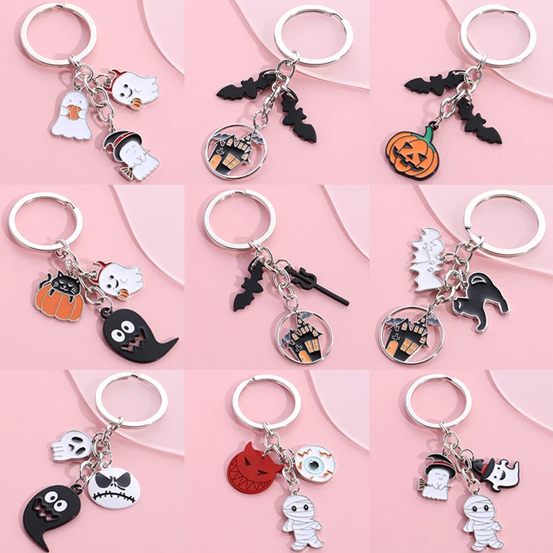 

Halloween Keychain Luxury Key Chain Holder Ring Accessories Witch Cat Pumpkin Bat Spider Castle Keyring Car Bag Phone Charm Gift