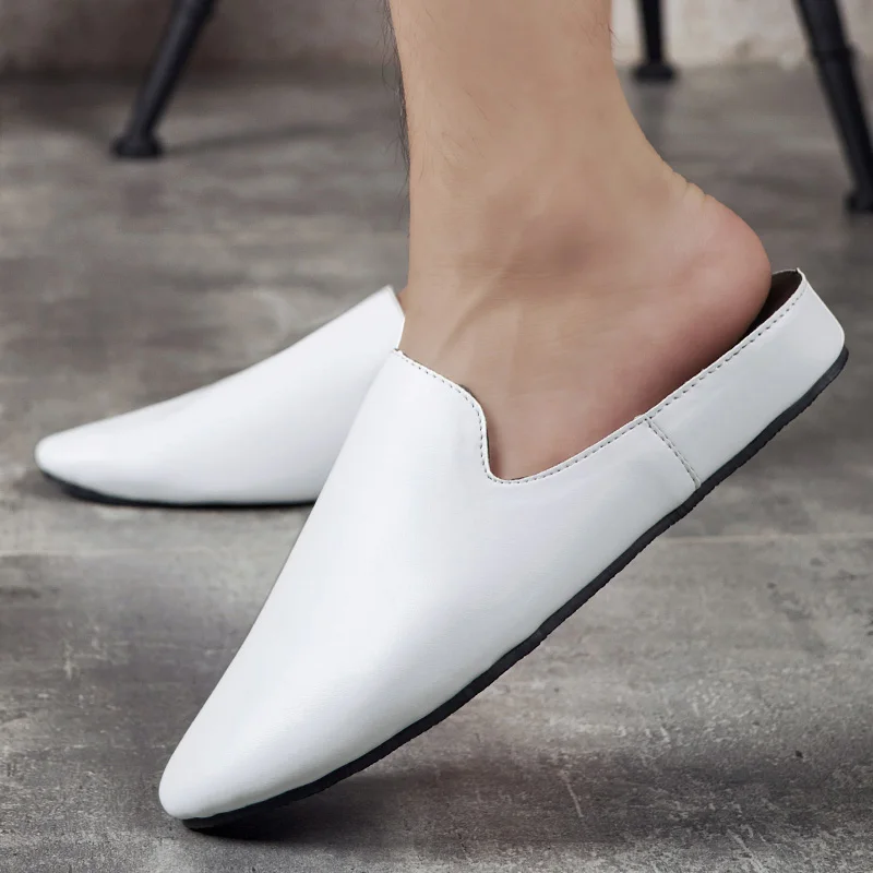 Summer Flat Mules Fashion Casual Pointed Toe Slip On Slides Shoes For Men Soft Leather Moccasin