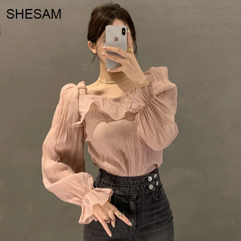 

Korean chic autumn gentle and thin square neck Ruffle stitching fold design feeling loose trumpet sleeve blouse women