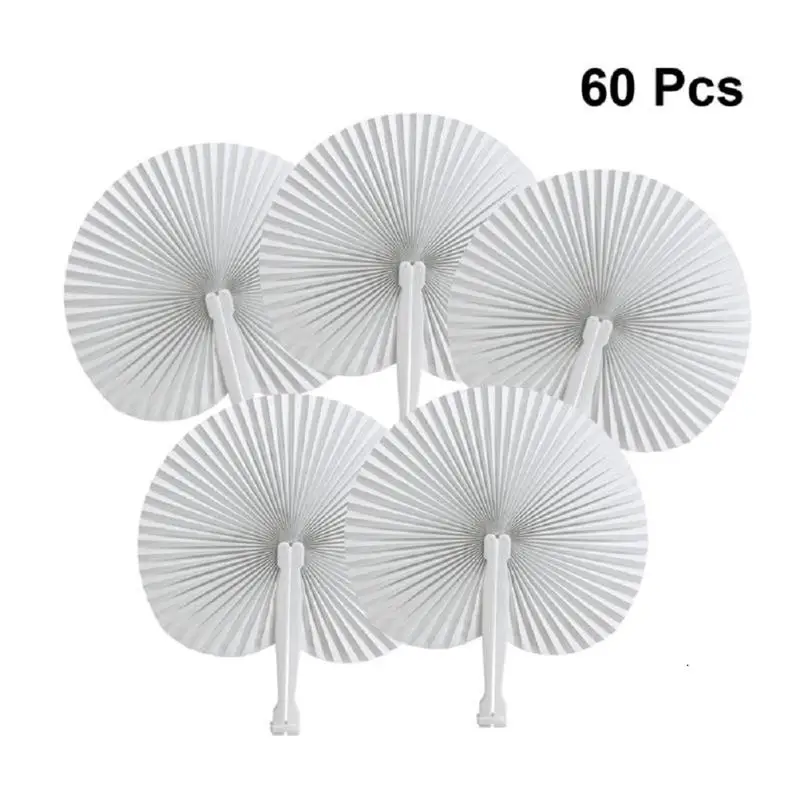 

60pcs White Round Paper Fan Folding Fan Handheld Fans Paper Folded Fan Circular Paper Fan For Wedding Party Decoration Crafts