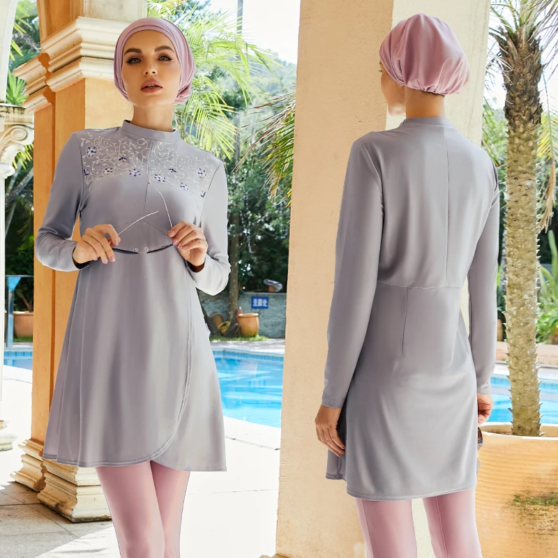 New Burkini Muslim Swimwear Women Modest Patchwork Hijab Long SleevesSport Swimsuit 3pcs Islamic Burkini Coverage Bath Beachwear