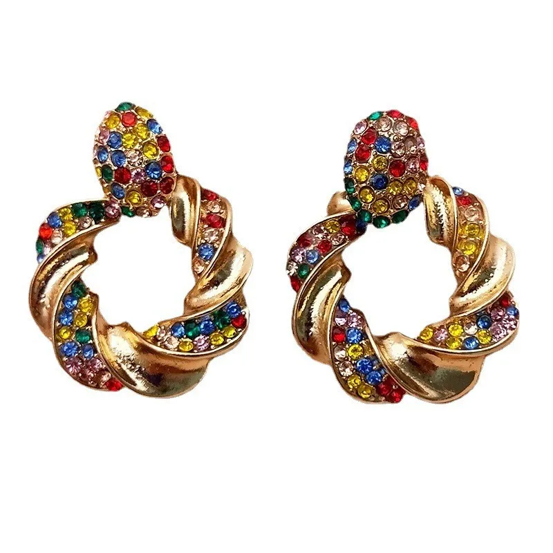 Colorful  Earrings Exaggerated Gold Alloy Rhinestone Earrings Rhinestone Earrings Retro Geometric Colorful Round Ring Earrings