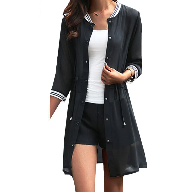 

Korean Version Summer New Mid-length Thin Sunscreen Clothing Women's Jacket Summer Chiffon Cardigan Baseball Uniform Coat