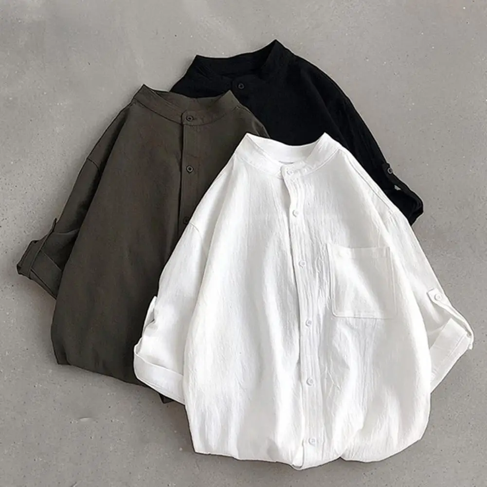 

Lightweight Linen Shirt for Men Stylish Summer Men's Stand Collar Roll-up 3/4 Sleeve Shirt Solid Color for Streetwear for Men