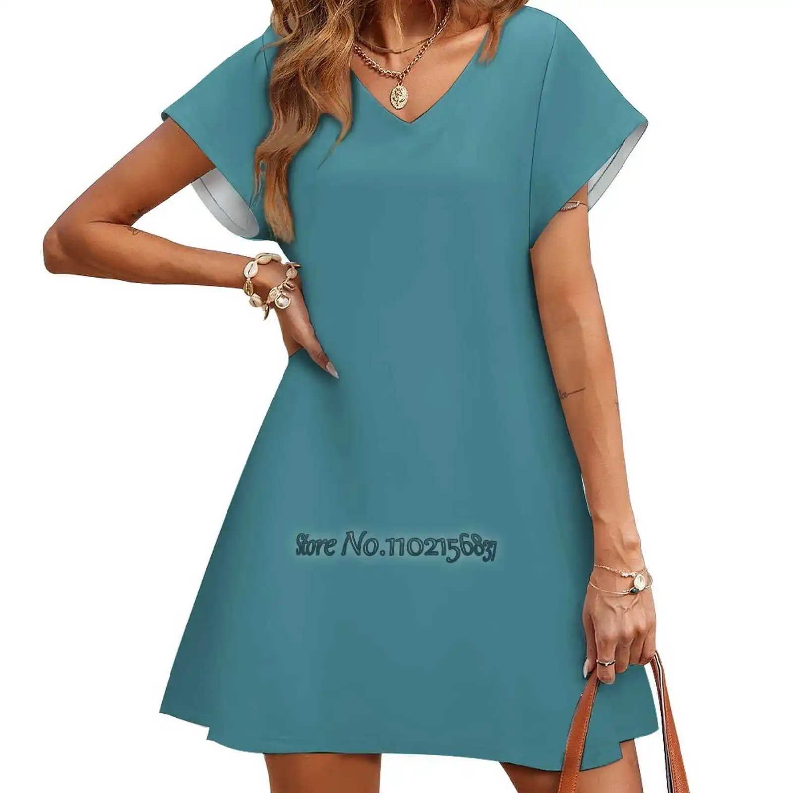

Однотонное платье Ocean с V-образным вырезом и коротким рукавом, трапециевидная юбка, женская одежда, Офисная женская элегантная юбка, простая ...