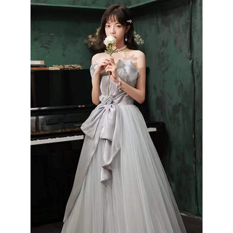 

Light Green Strapless Long Evening Dress For Wedding Prom Tulle High Waist Sleeveless Lace Up Exquisite Engagement Birthday Gown
