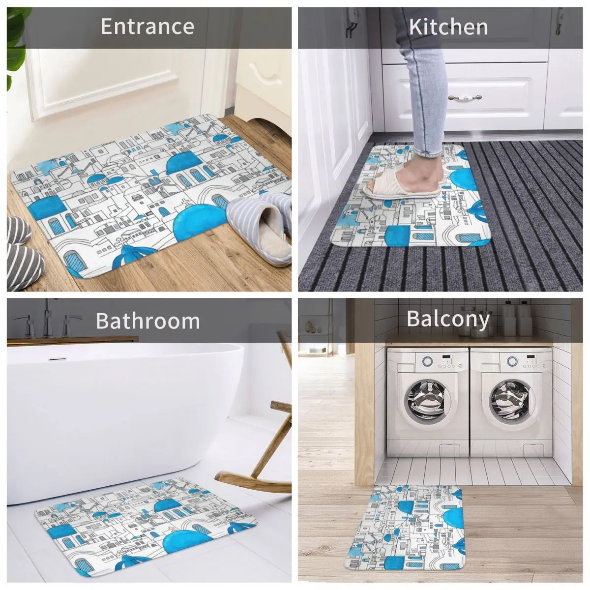 

Santorini Blue And White Paradise Bath Mat Decor 3D Rug Carpet Doormat Anti-slip Entrance Living Room Home Kitchen Bedroom Style