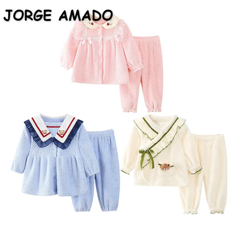 

New Winter Pajamas Sets for Baby Girl Boy Long Sleeves Pink Strawberry Blue Beige Bear Homewear Top+Sleepwear Pants E9308