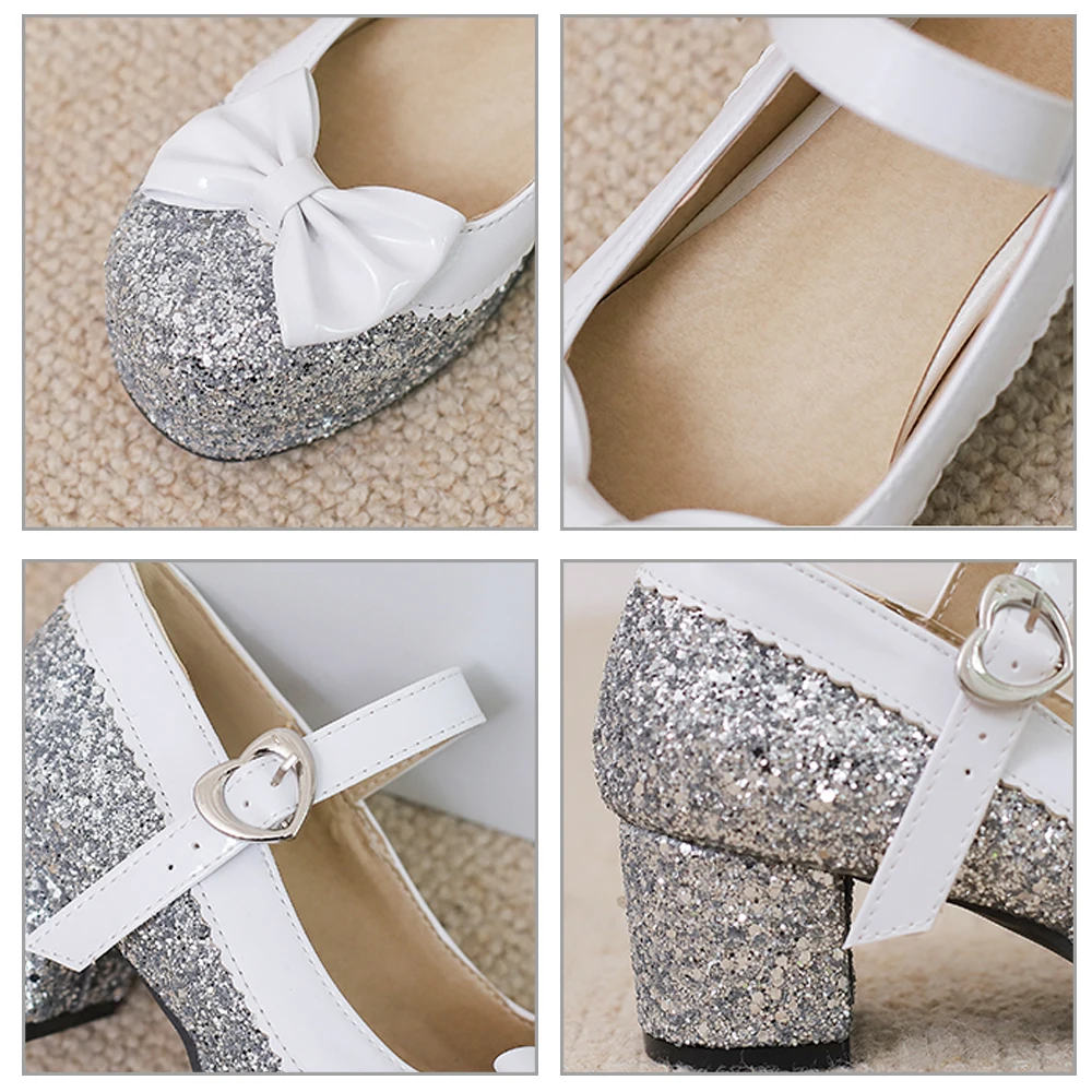 Eokkar Glitter Mary Janes Lolita Shoes with Bow Chunky Heel Platform Sparkly Pumps Cute Kawaii Shoes Japanese Cosplay Shoes