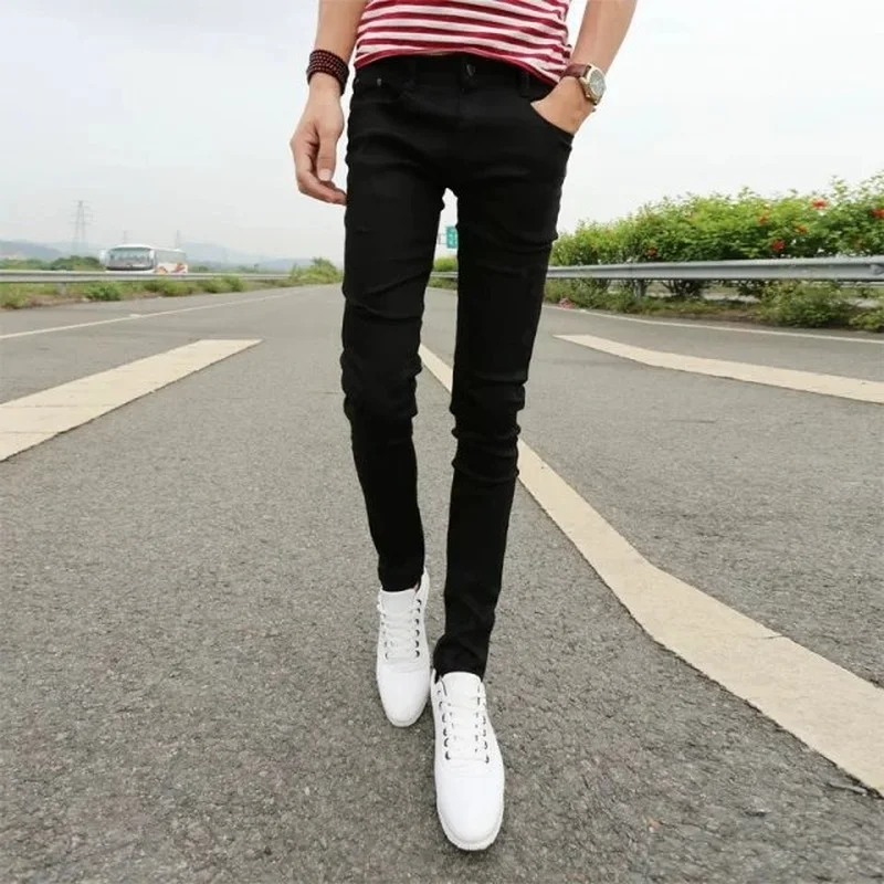 Korean Style Jeans Men Jeans Spring and Summer Solid Color Slim Jeans Men's Pocket Button Mid-Waist Denim Pencil Pants Trousers