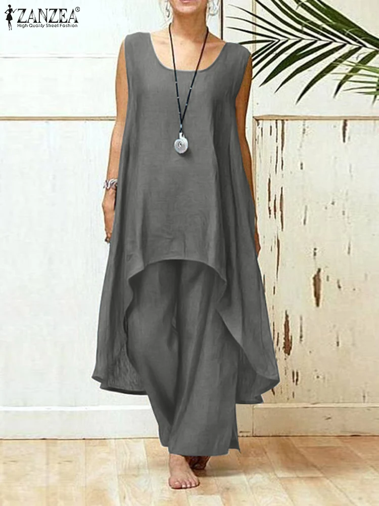 

Fashion Matching Sets 2023 ZANZEA Summer Women's Tracksuit Casual Sleeveless Asymmetrical Blouse Suits 2PCS Loose Pant Sets