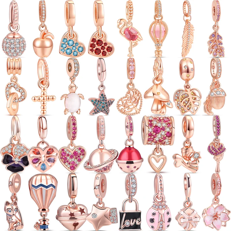 

New Rose Gold Balloon Flower Feather Star Tree Heart Fine Love Beads Fit Original Pandora Charms Bracelet DIY 925 Silver Jewelry