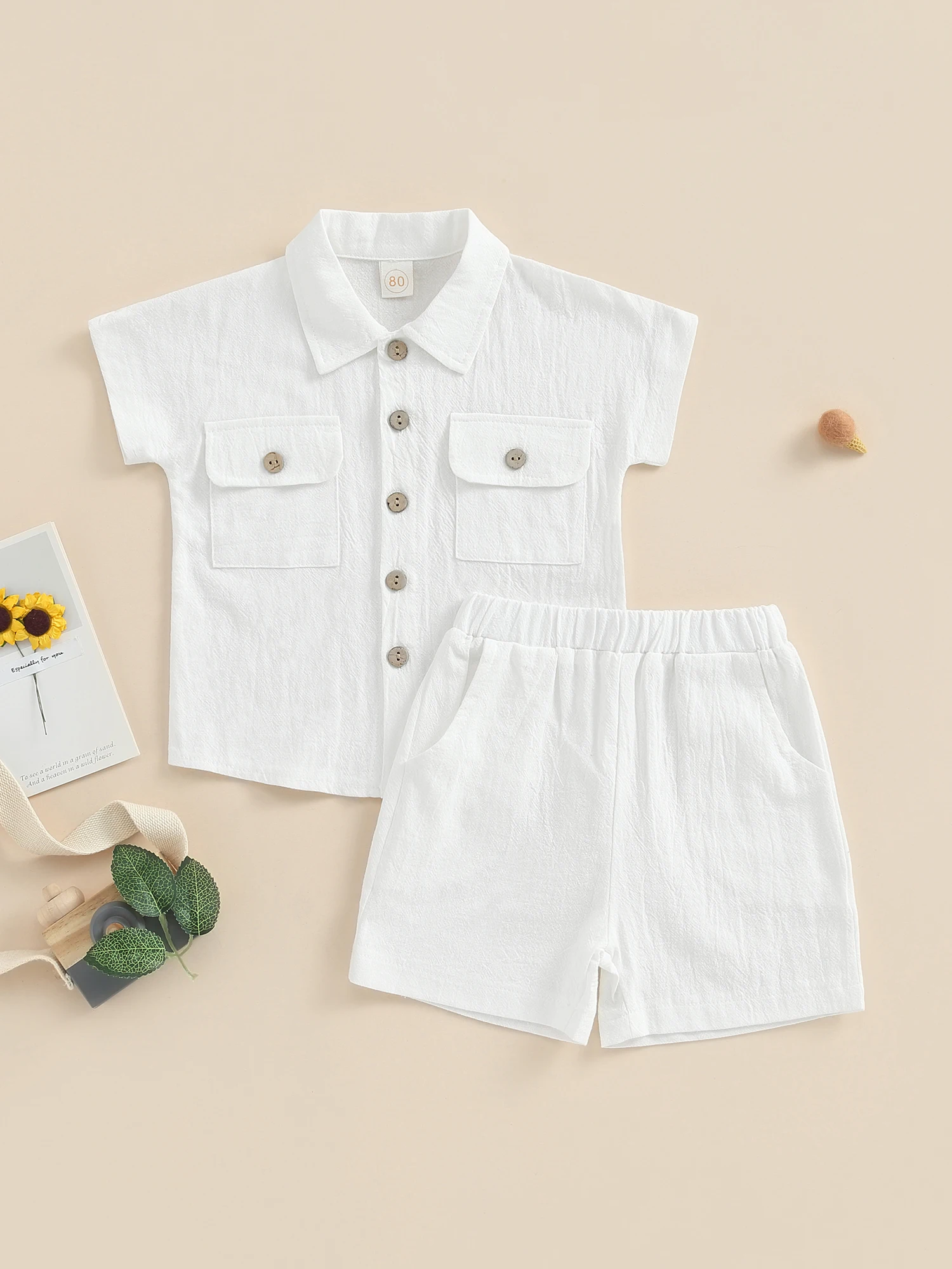 

Conjunto de pantalones cortos de lino de algodón para bebés y niños de manga corta con botones playera y pantalones