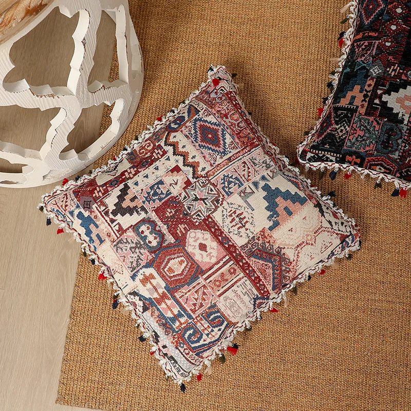 

Boho Cushion Cover with Tassel Cotton Linen Decorative Pillowcases Jacquard Square Cushion Cover for Sofa Pillow 45X45CM