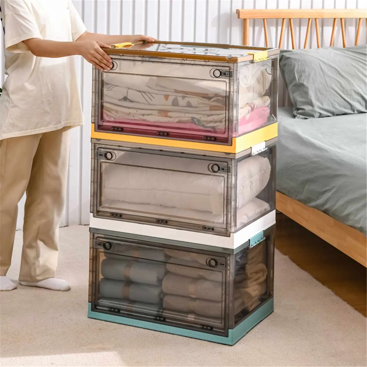 

60L Storage Box Movable Stackable Shoe Clothes Organizer ABS Closets Containers Cabinet For Home Office Storage Under Desk/Bed