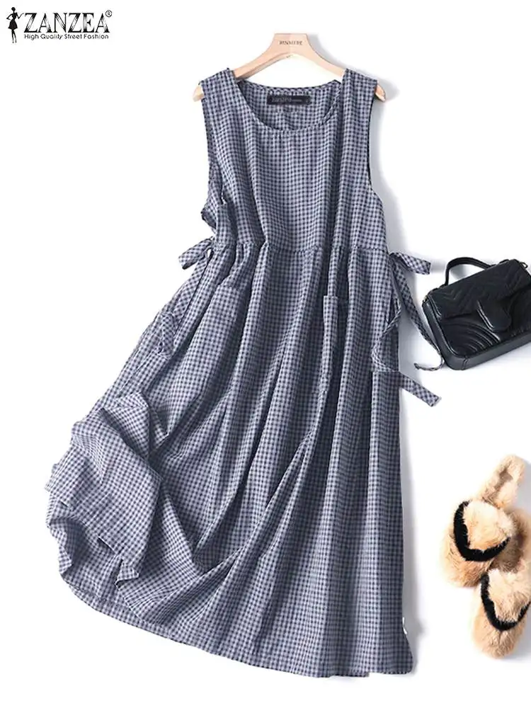

2023 Summer Casual Plaid Midi Dress Women Round Neck Sleeveless Side Straps Checked Tank Dress ZANZEA Fashion Pockets Sundress
